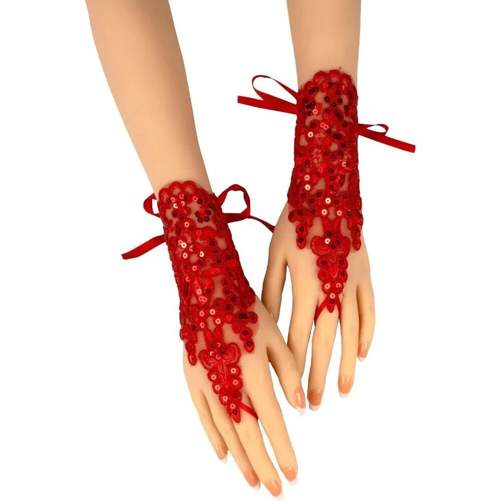 Women's Rhinestone Fingerless Red Gloves Bride Wedding Party Prom Accessories